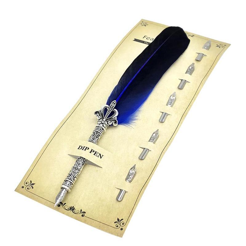 Retro Calligraphy Feather Quill Writing Ink Pen – NAVY BLUE - 9 Inch