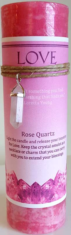 Love pillar candle with Rose Quartz pendant